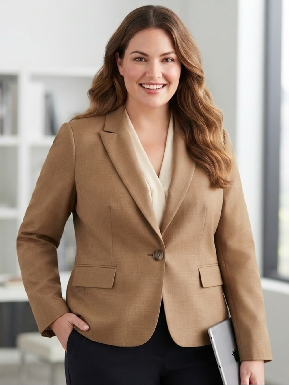 🔥Evan Picone Tan Single-Button Women's Blazer🤎